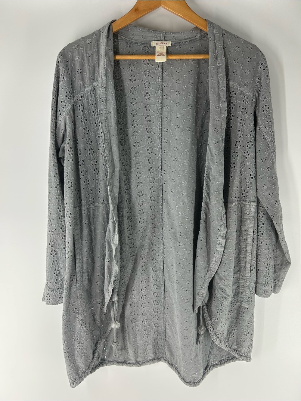 Sundance Gray Cotton Eyelet Open Front Jacket Medium